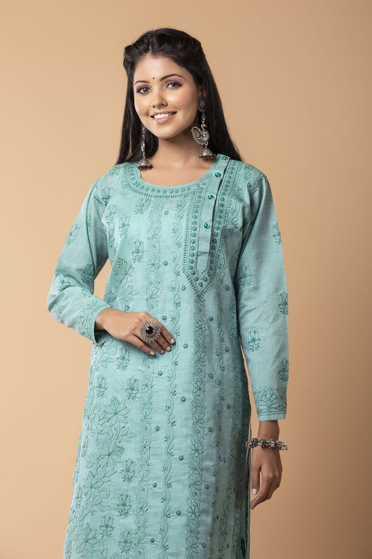 Sea Green Hand embroided Cotton Silk skin friendly Long Kurti Lucknow Chikan Emporium.