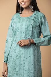 Sea Green Hand embroided Cotton Silk skin friendly Long Kurti Lucknow Chikan Emporium.