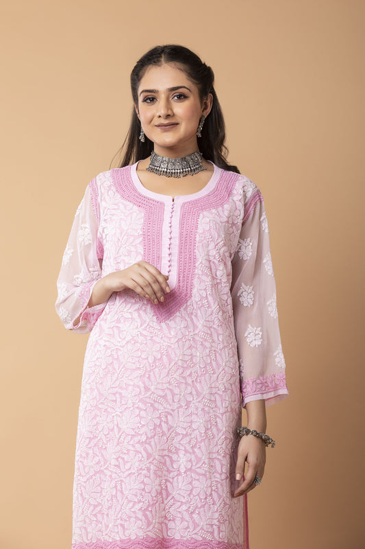 Pink Hand embroided Semi georgette Chikankari Long plus size Kurti Lucknow Chikan Emporium.