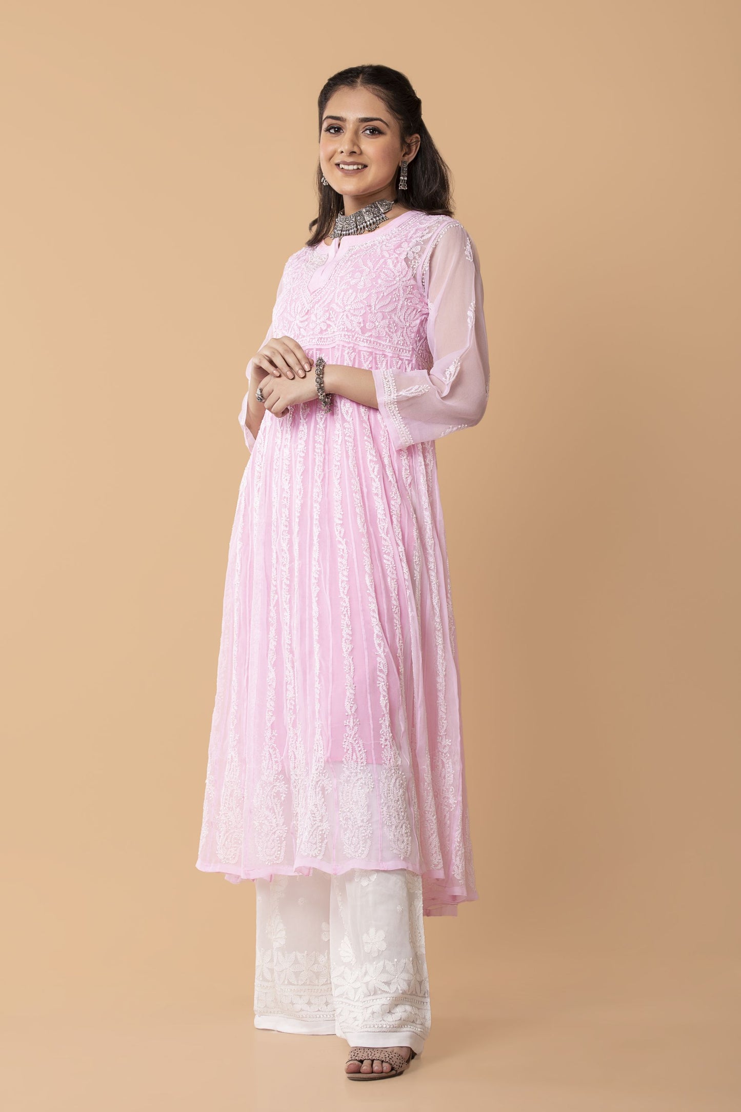 Lucknow Chikan Emporium Hand Chikankari skin friendly Semi Georgette Light Pink Colour Resham Anarkali Kurti.