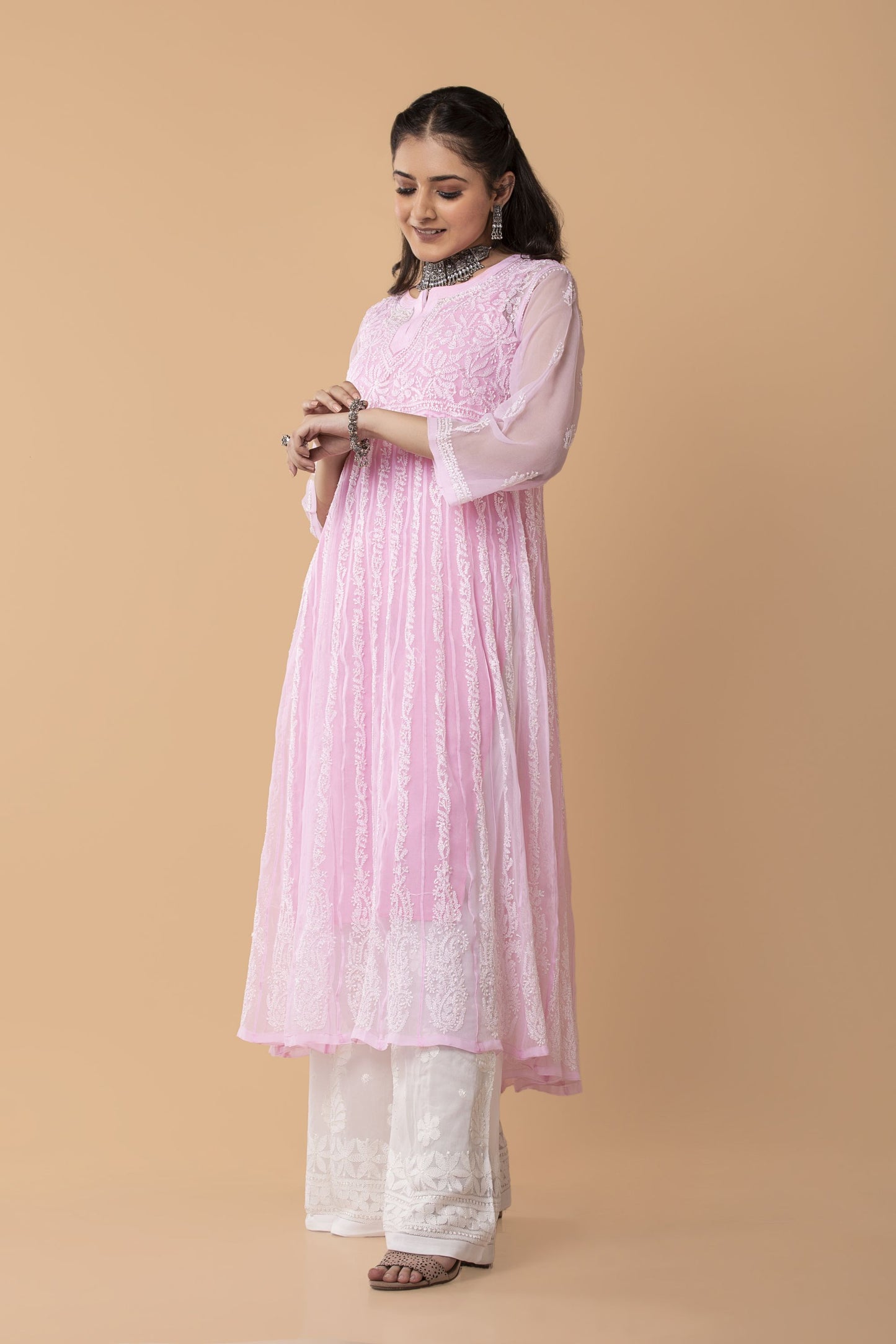 Lucknow Chikan Emporium Hand Chikankari skin friendly Semi Georgette Light Pink Colour Resham Anarkali Kurti.