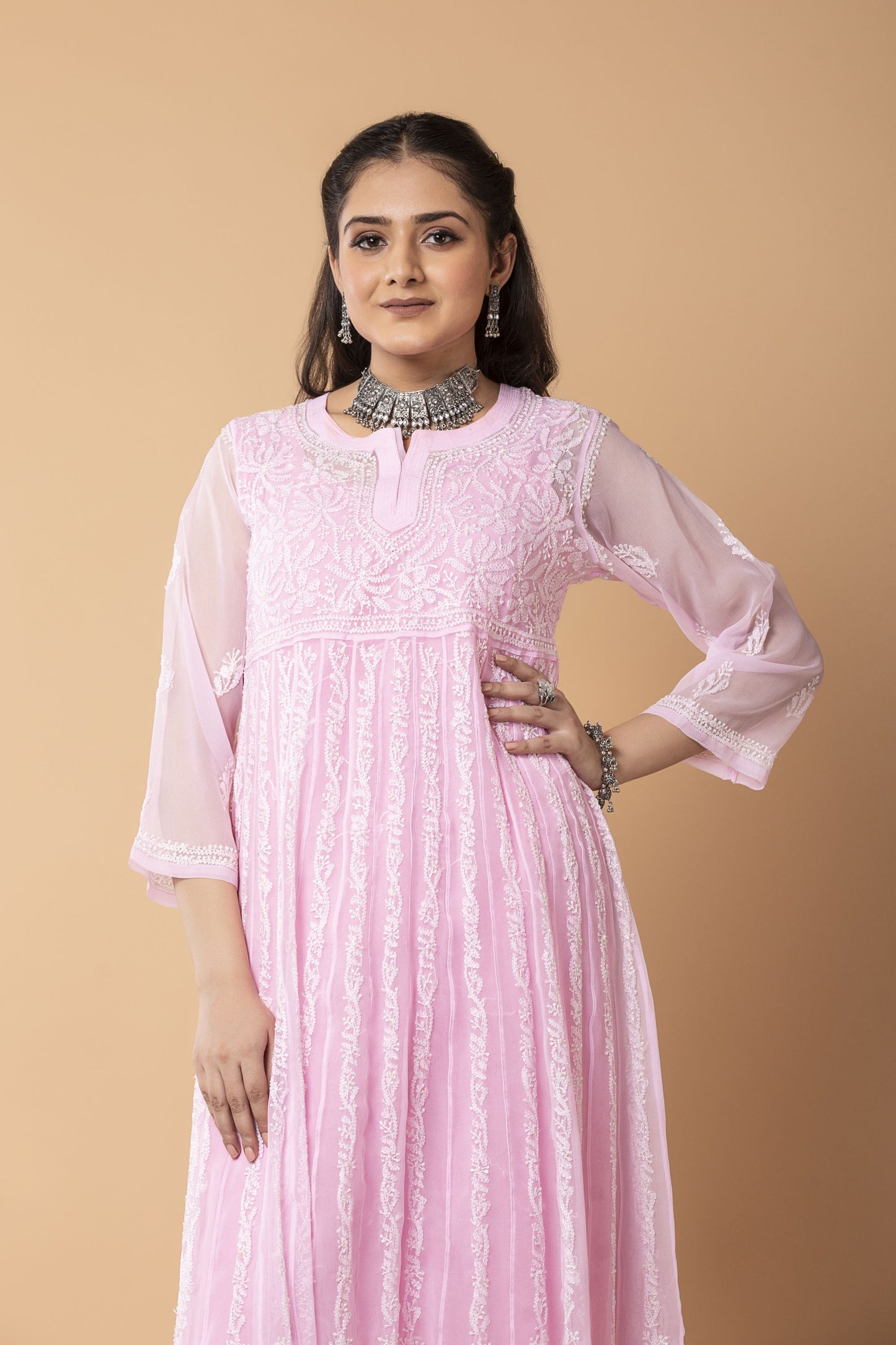 Lucknow Chikan Emporium Hand Chikankari skin friendly Semi Georgette Light Pink Colour Resham Anarkali Kurti.