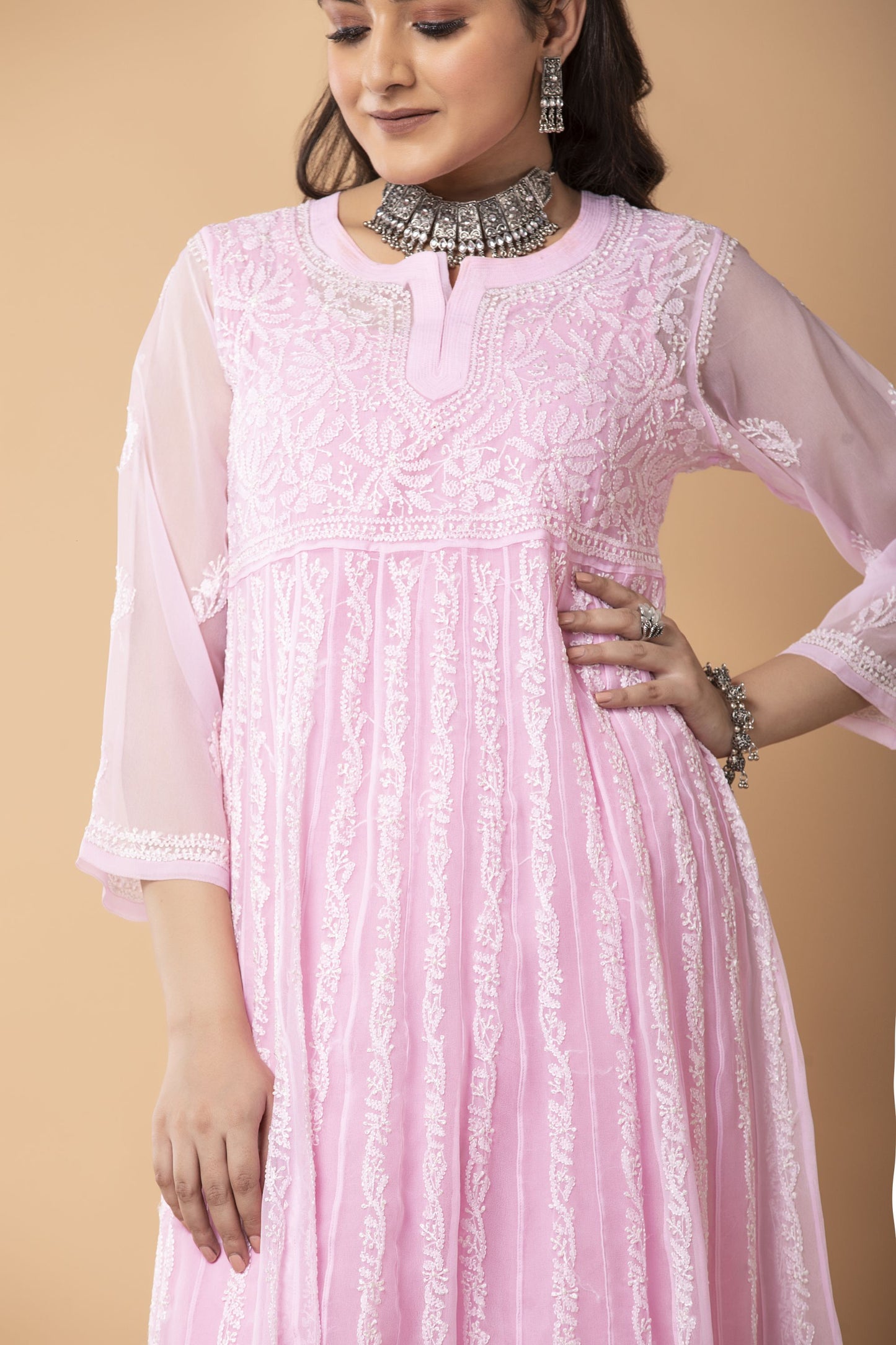 Lucknow Chikan Emporium Hand Chikankari skin friendly Semi Georgette Light Pink Colour Resham Anarkali Kurti.