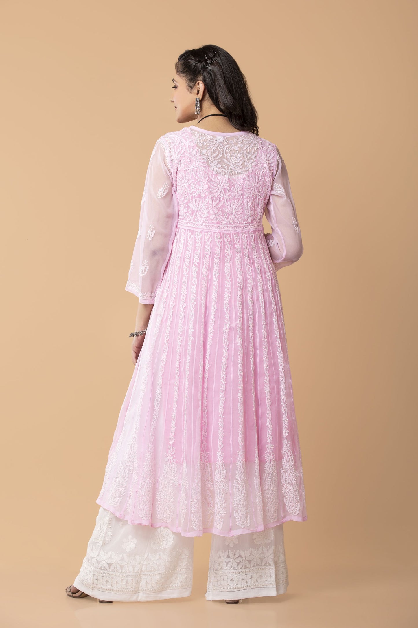 Lucknow Chikan Emporium Hand Chikankari skin friendly Semi Georgette Light Pink Colour Resham Anarkali Kurti.