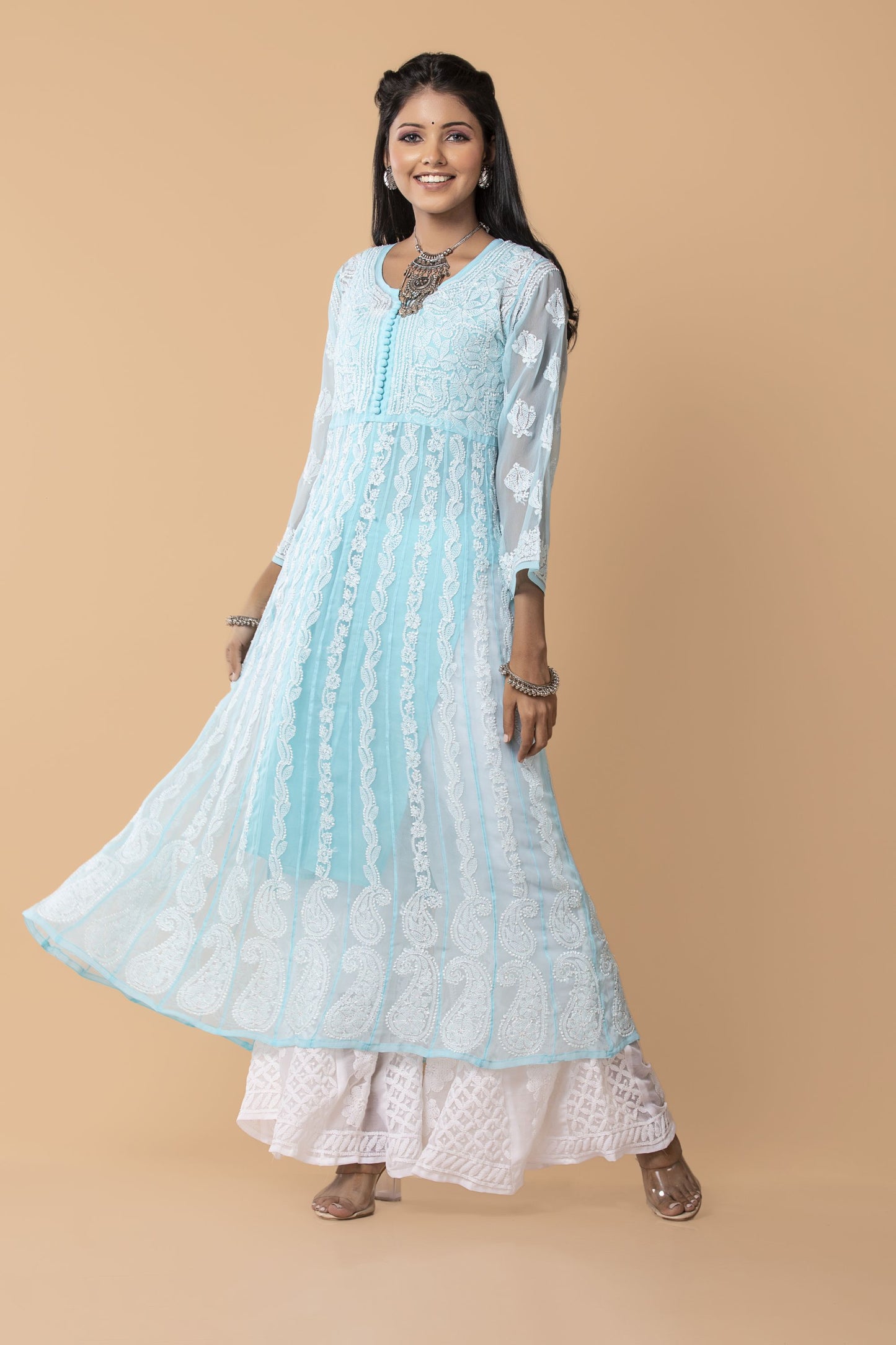 Lucknow chikan emporium hand embroided skin freindly semi georgette chikankari Blue  Anarkali