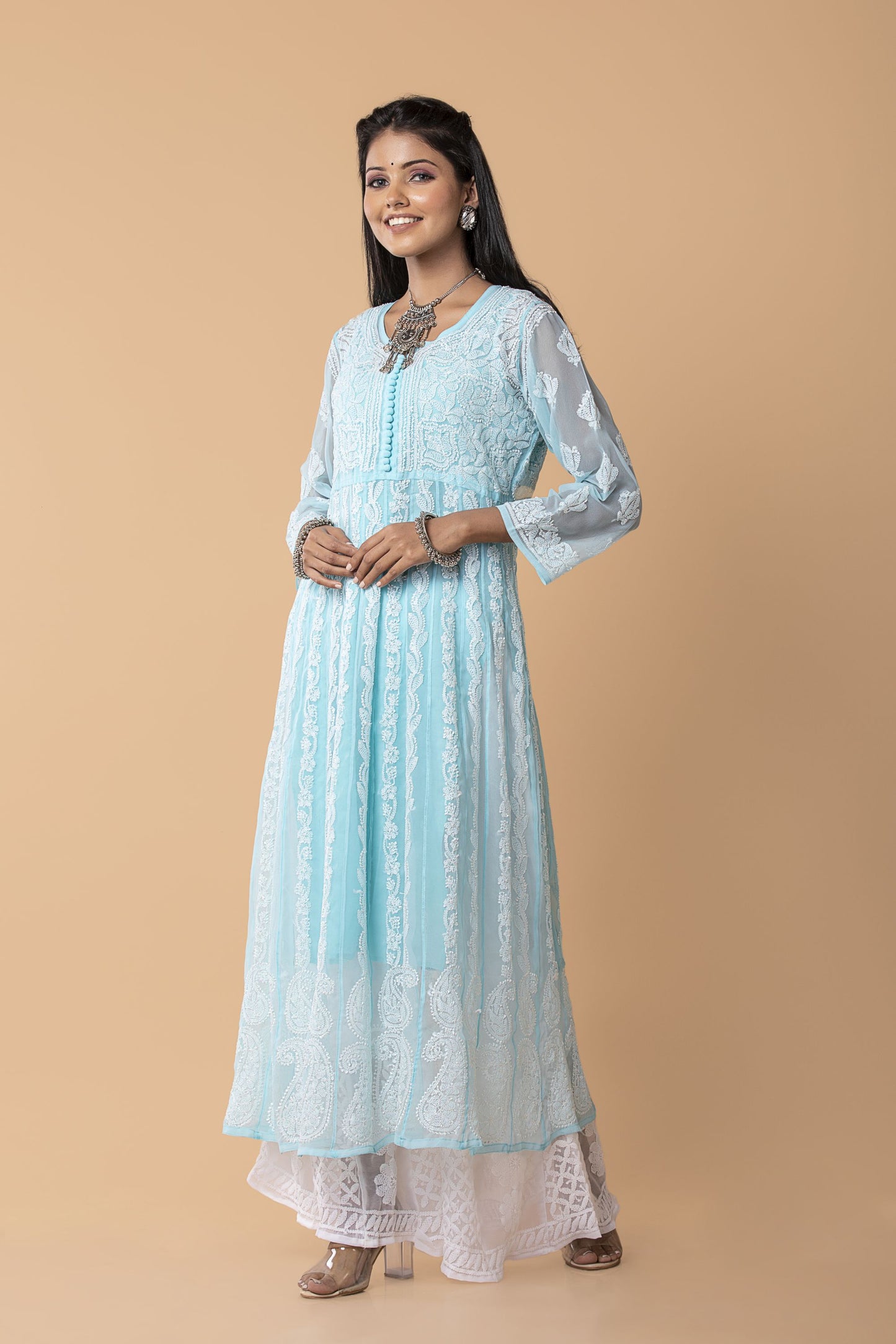 Lucknow chikan emporium hand embroided skin freindly semi georgette chikankari Blue  Anarkali