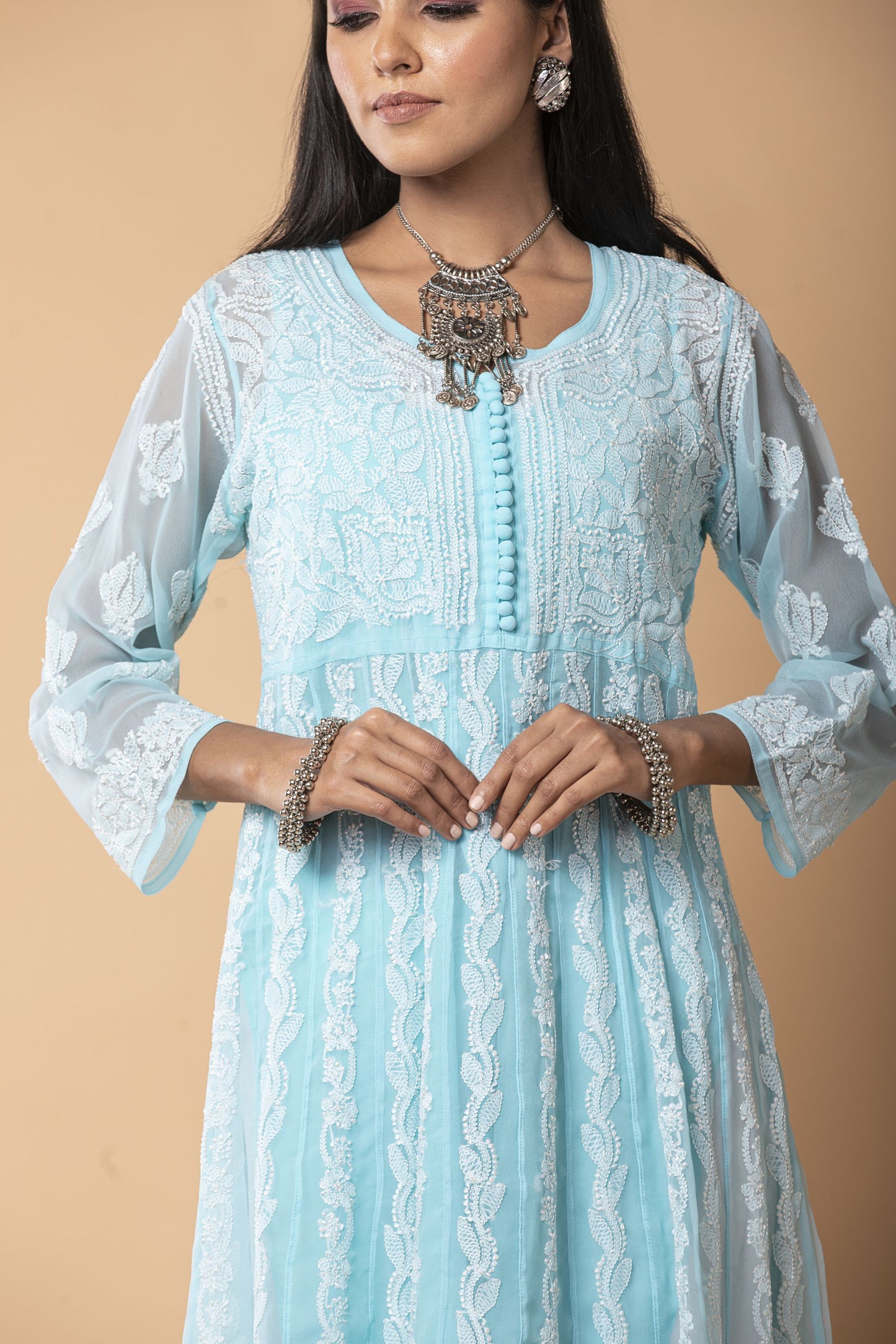 Lucknow chikan emporium hand embroided skin freindly semi georgette chikankari Blue  Anarkali