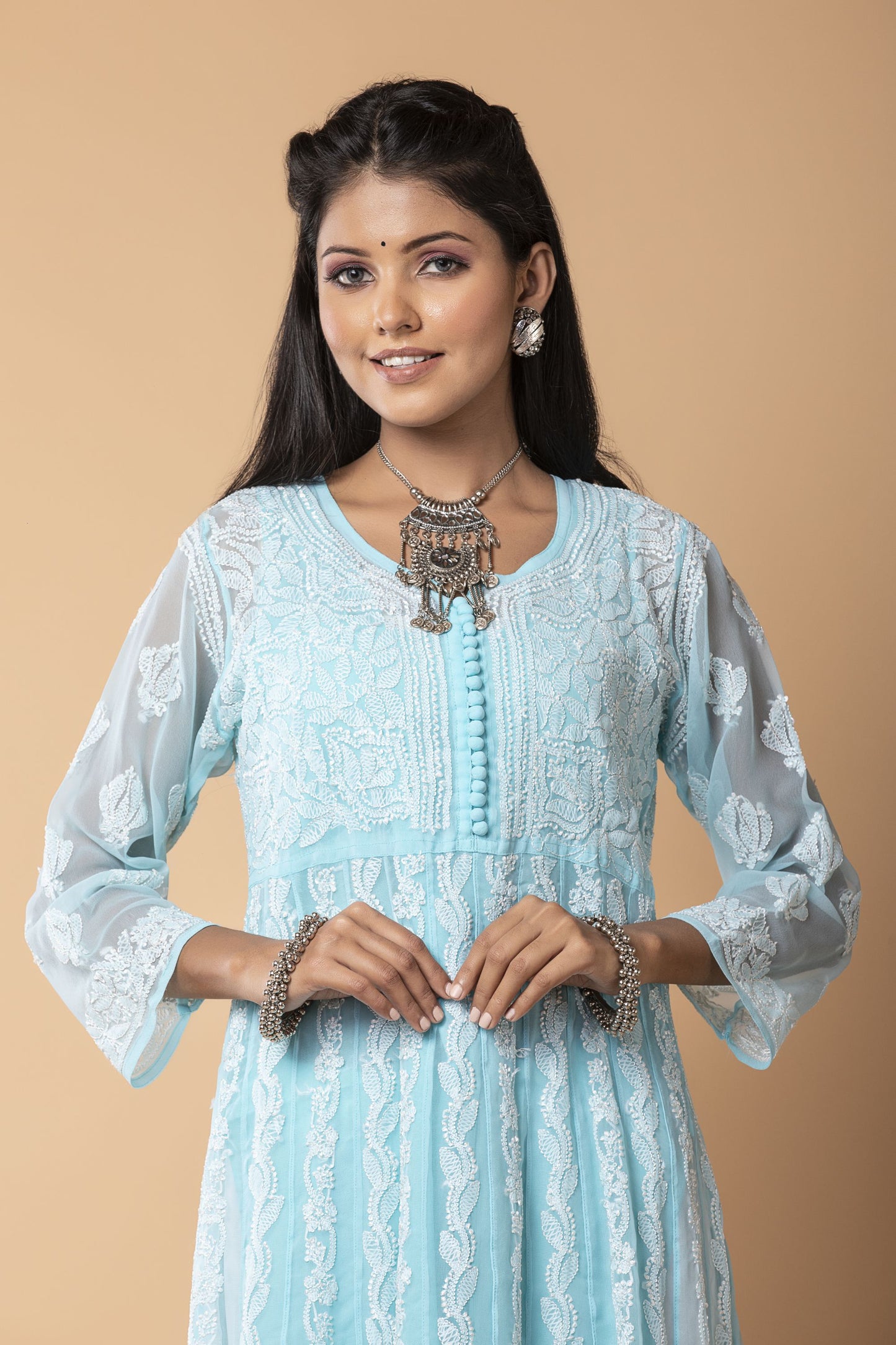 Lucknow chikan emporium hand embroided skin freindly semi georgette chikankari Blue  Anarkali