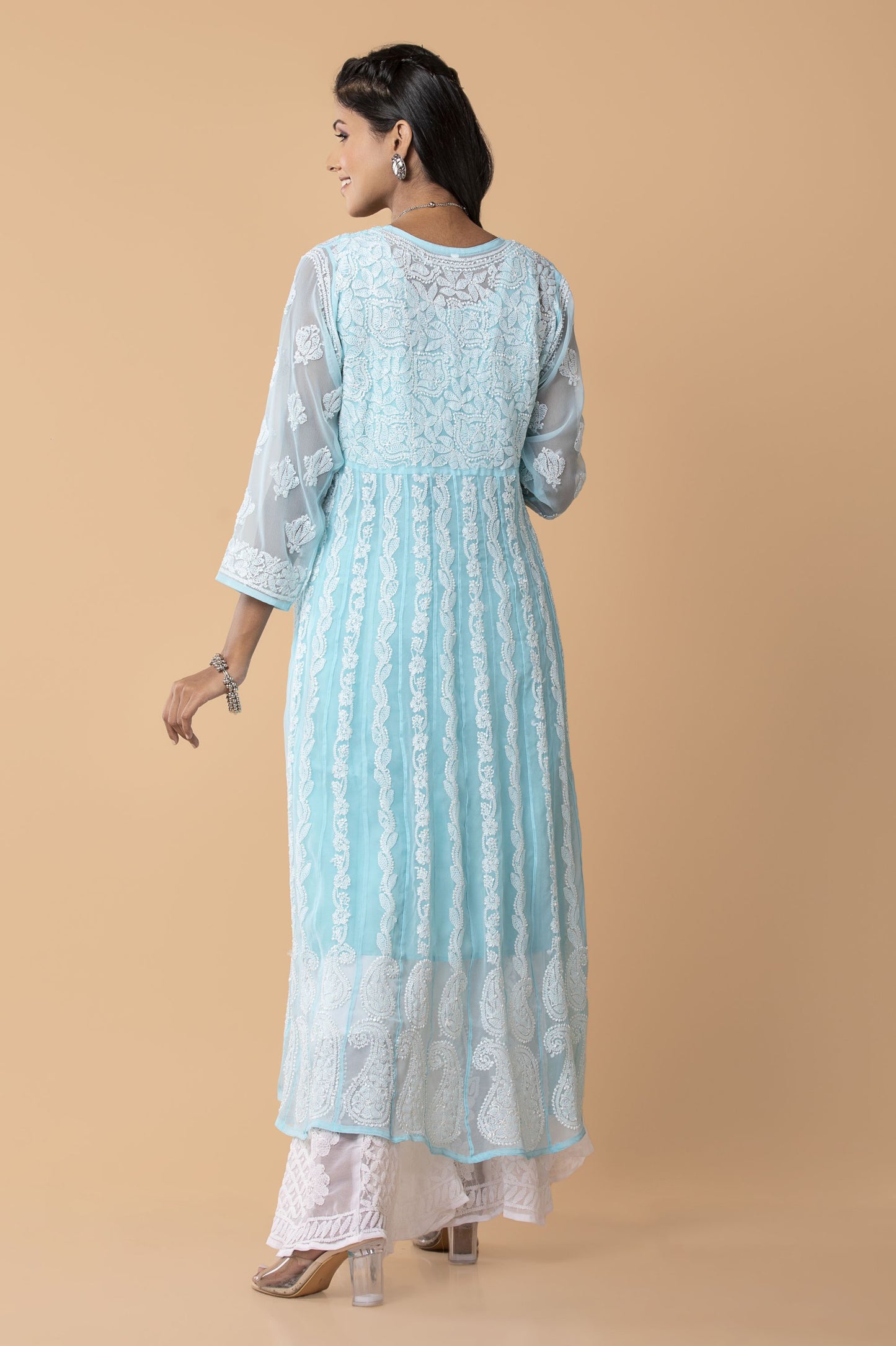 Lucknow chikan emporium hand embroided skin freindly semi georgette chikankari Blue  Anarkali