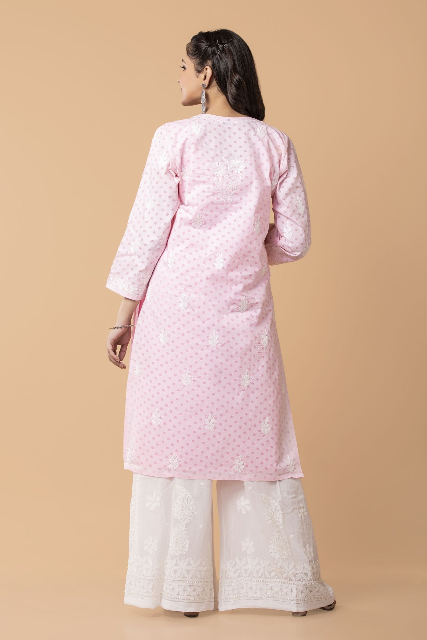 Lucknow Chikan Emporium Hand Chikankari Cotton Long Top Nice polka dot print  Light Shade Pink Colour.