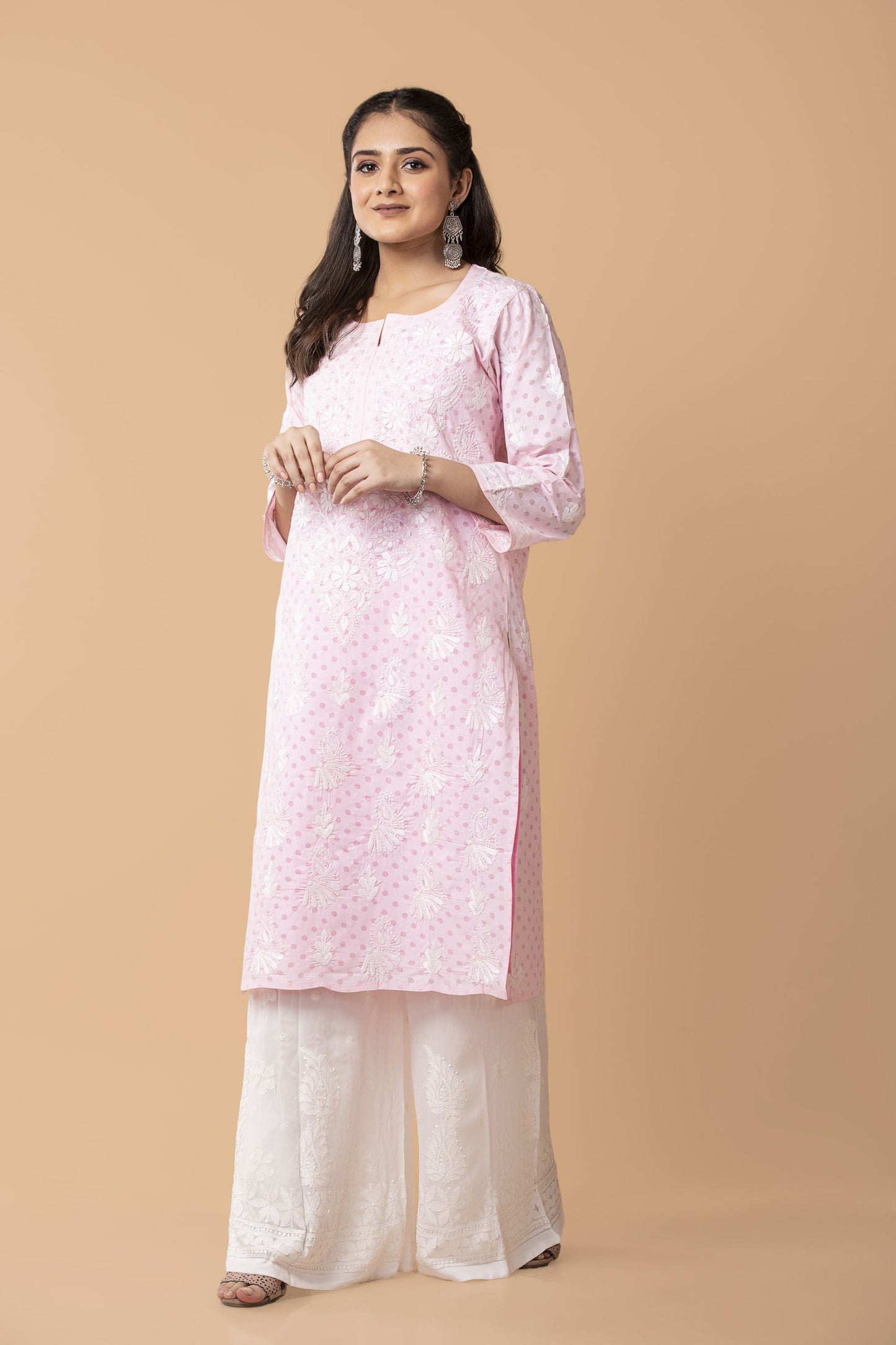 Lucknow Chikan Emporium Hand Chikankari Cotton Long Top Nice polka dot print  Light Shade Pink Colour.