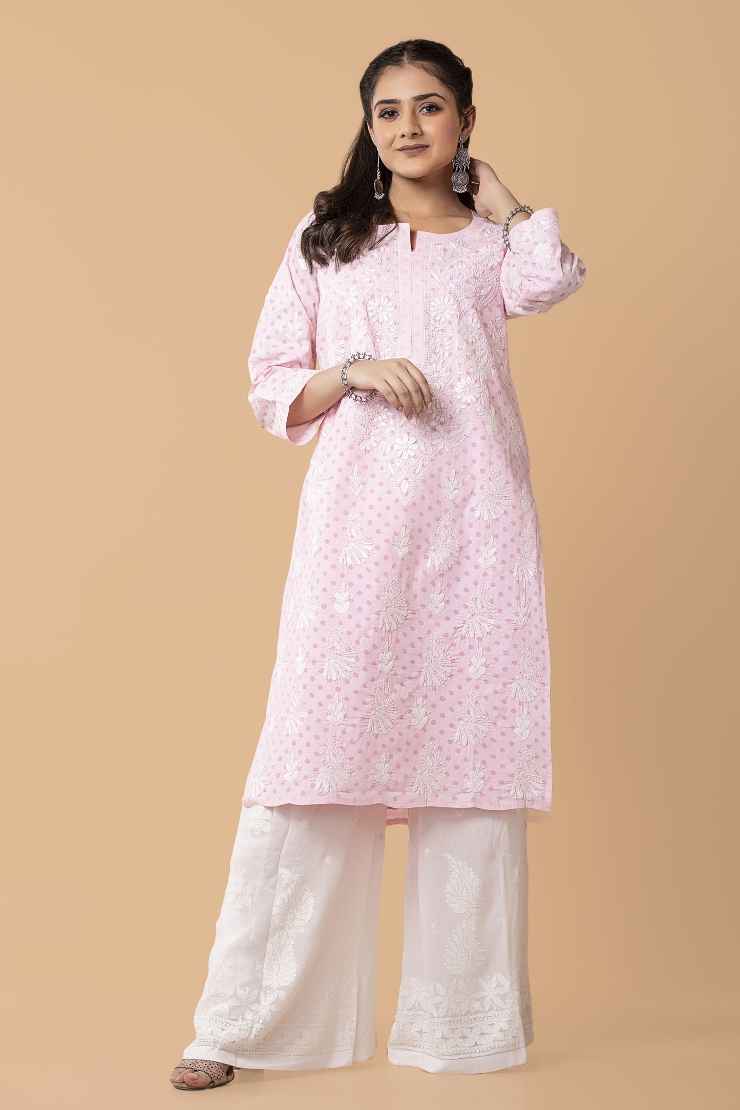 Lucknow Chikan Emporium Hand Chikankari Cotton Long Top Nice polka dot print  Light Shade Pink Colour.