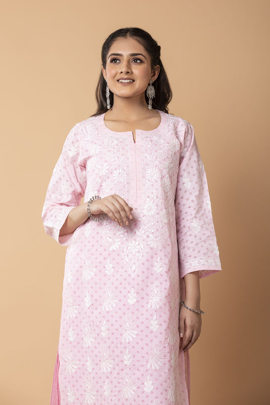 Lucknow Chikan Emporium Hand Chikankari Cotton Long Top Nice polka dot print  Light Shade Pink Colour.