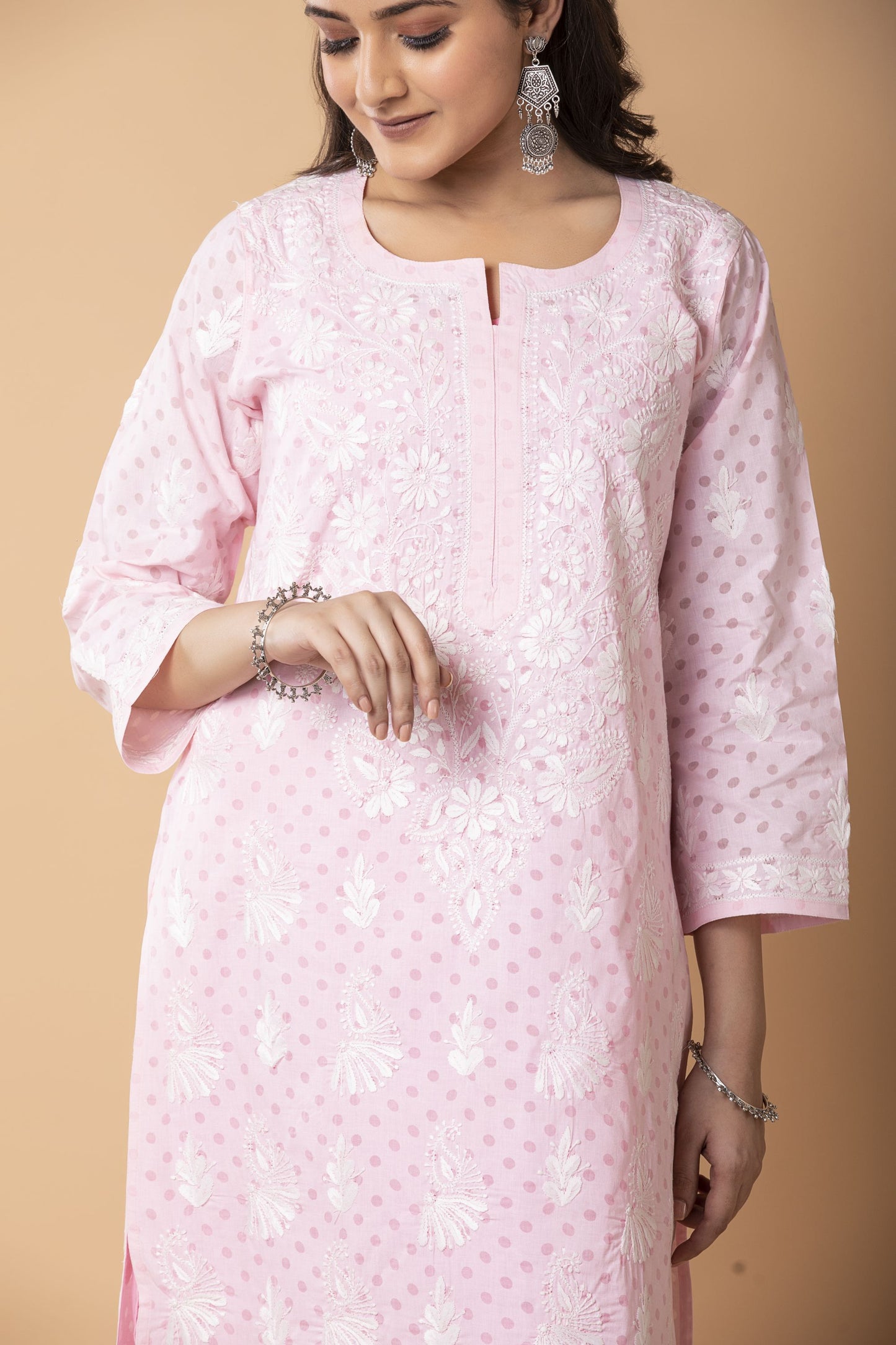 Lucknow Chikan Emporium Hand Chikankari Cotton Long Top Nice polka dot print  Light Shade Pink Colour.