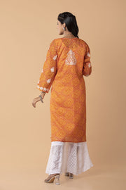 bandhani print cotton Long kurti Nice Orange Colour Hand Chikankari Lucknow Chikan Emporium.