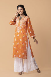 bandhani print cotton Long kurti Nice Orange Colour Hand Chikankari Lucknow Chikan Emporium.
