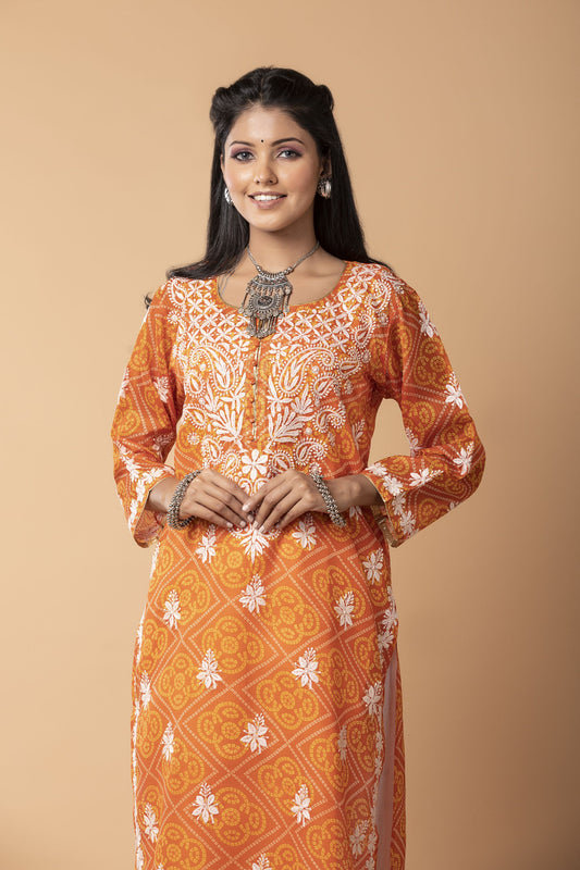 bandhani print cotton Long kurti Nice Orange Colour Hand Chikankari Lucknow Chikan Emporium.