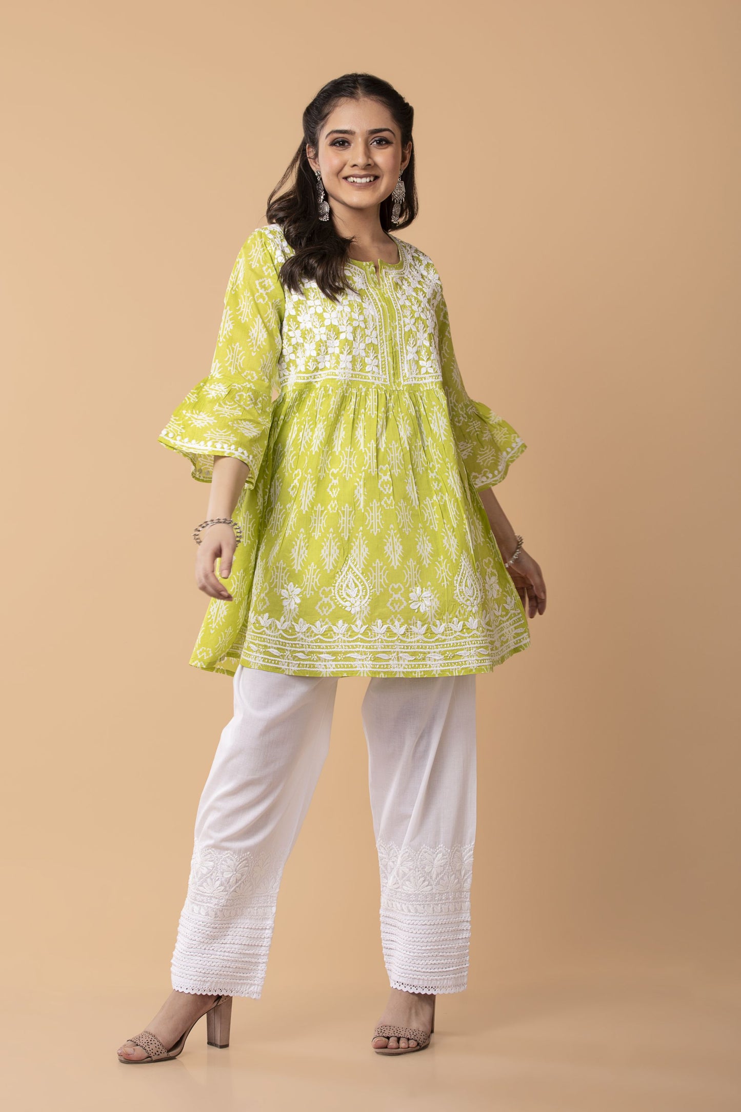 Lucknow Chikan Emporium Hand embroided Printed Soft Cotton Chikankari Short Green Kurti.