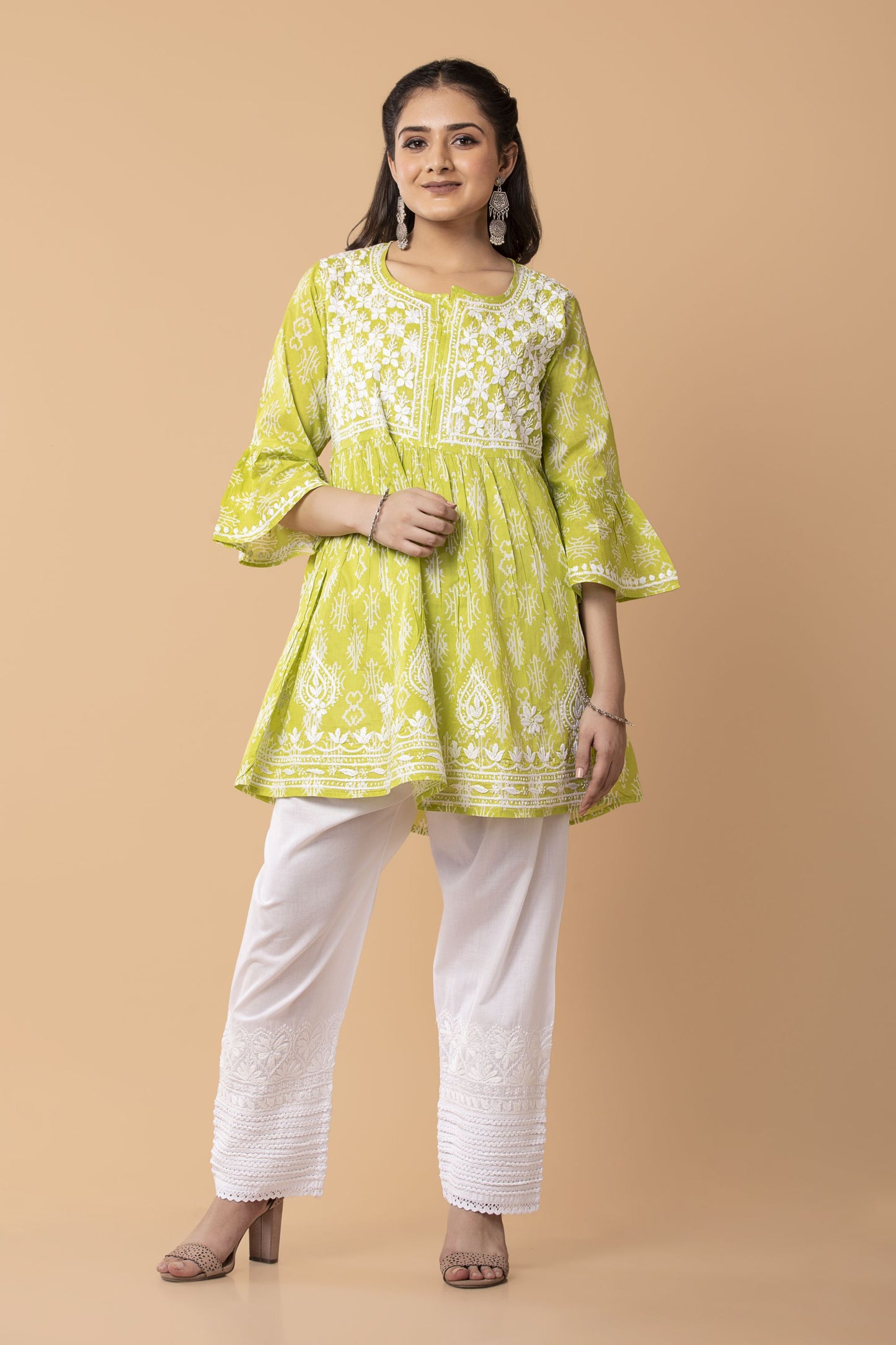 Lucknow Chikan Emporium Hand embroided Printed Soft Cotton Chikankari Short Green Kurti.