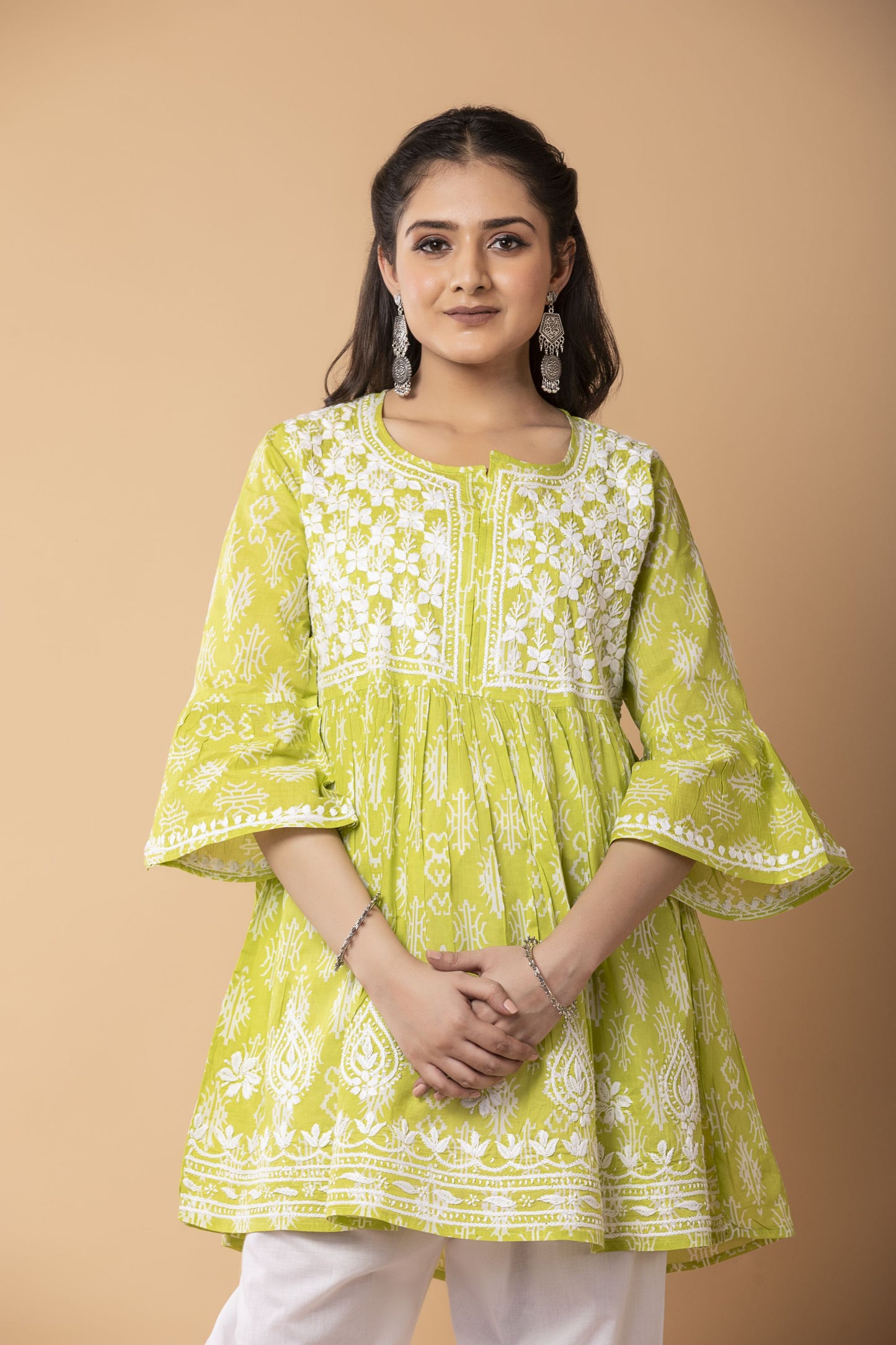 Lucknow Chikan Emporium Hand embroided Printed Soft Cotton Chikankari Short Green Kurti.