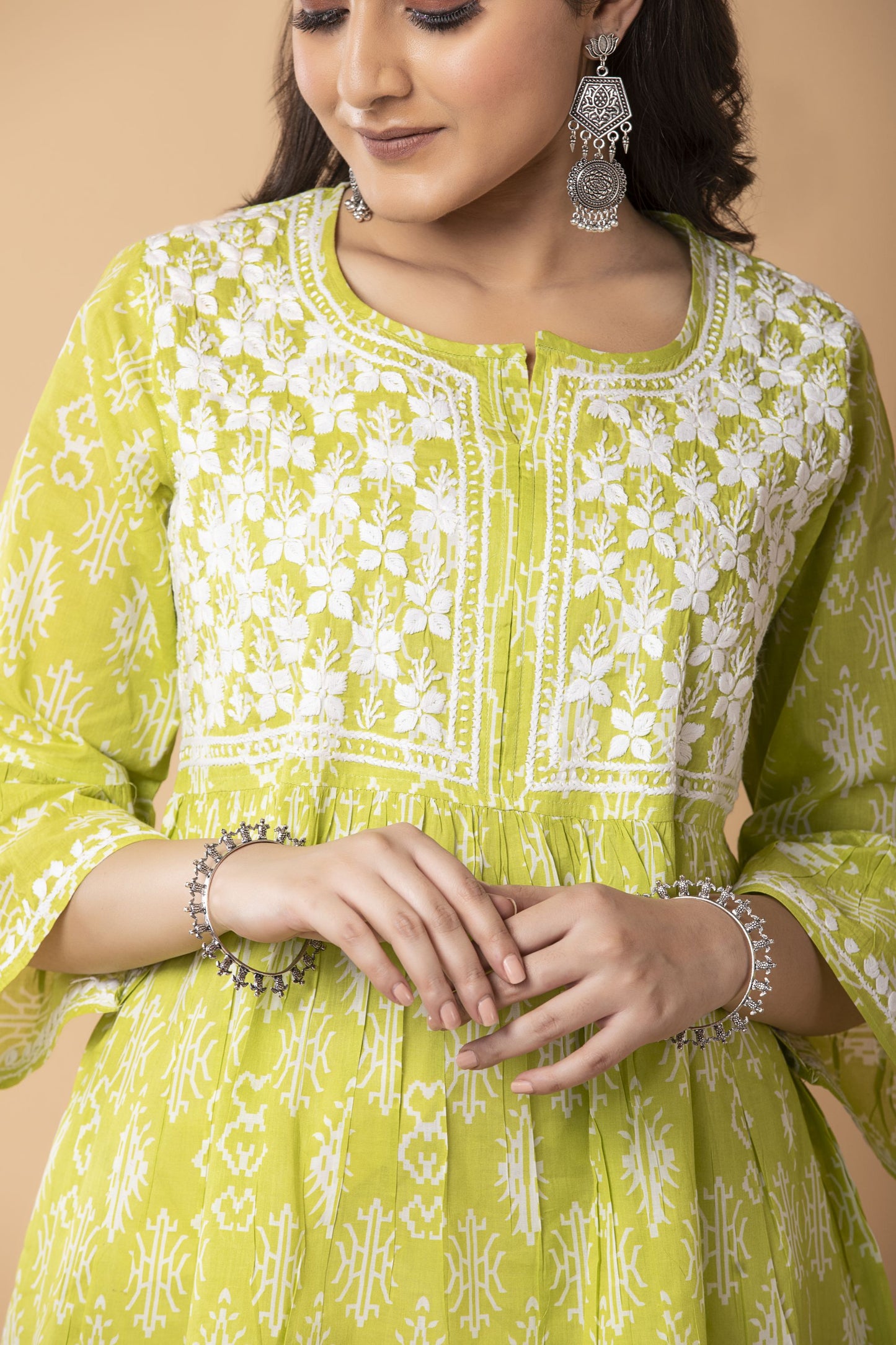 Lucknow Chikan Emporium Hand embroided Printed Soft Cotton Chikankari Short Green Kurti.