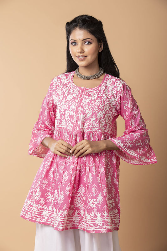 Lucknow Chikan Emporium Hand embroided Printed Soft Cotton Chikankari Short Pink Kurti.