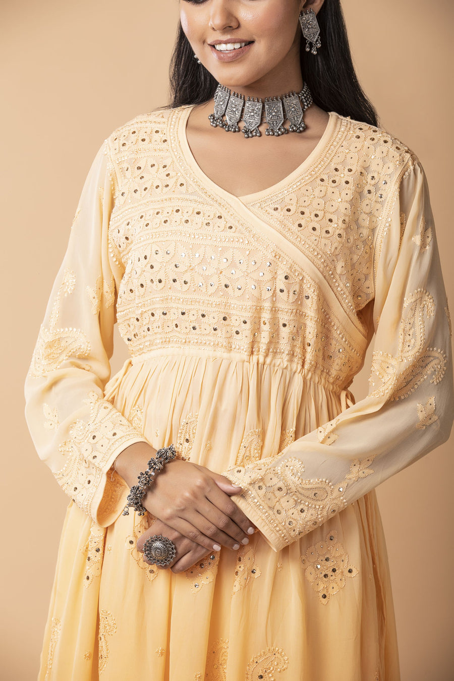 Lucknow Chikan Emporium Nice Peach Hand Embroided Viscose Georgette Sharara Set With Mukaish.