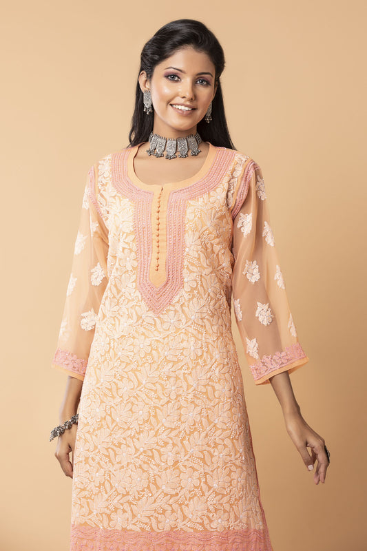 Peach Hand embroided Semi georgette Chikankari Long plus size Kurti Lucknow Chikan Emporium.