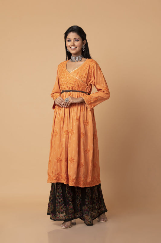 Lucknow Chikan Emporium Hand embroided Skin Freindly cotton fine rayon Chikankari Orange  Angarkha.