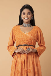 Lucknow Chikan Emporium Hand embroided Skin Freindly cotton fine rayon Chikankari Orange  Angarkha.