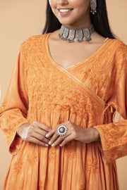 Lucknow Chikan Emporium Hand embroided Skin Freindly cotton fine rayon Chikankari Orange  Angarkha.