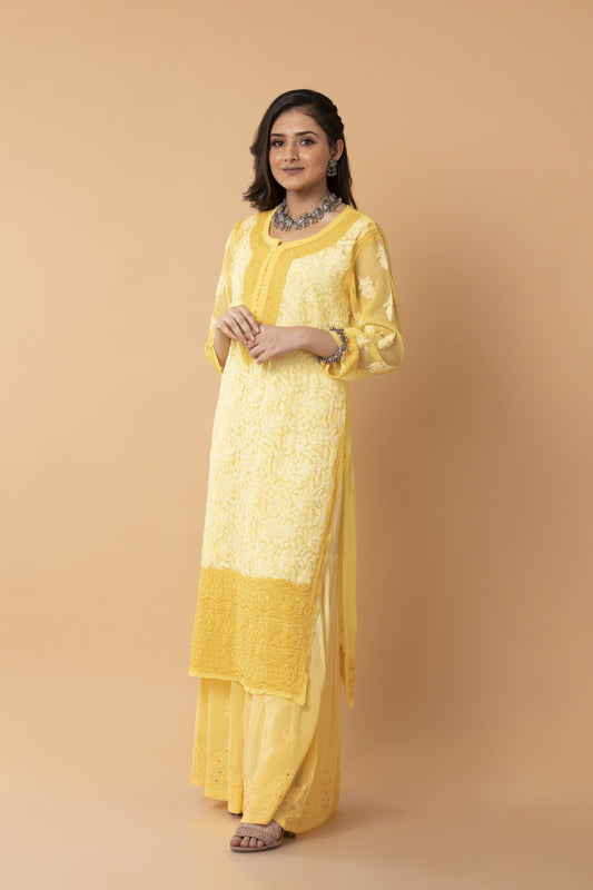 Yellow Hand embroided Semi georgette Chikankari Long plus size Kurti Lucknow Chikan Emporium.