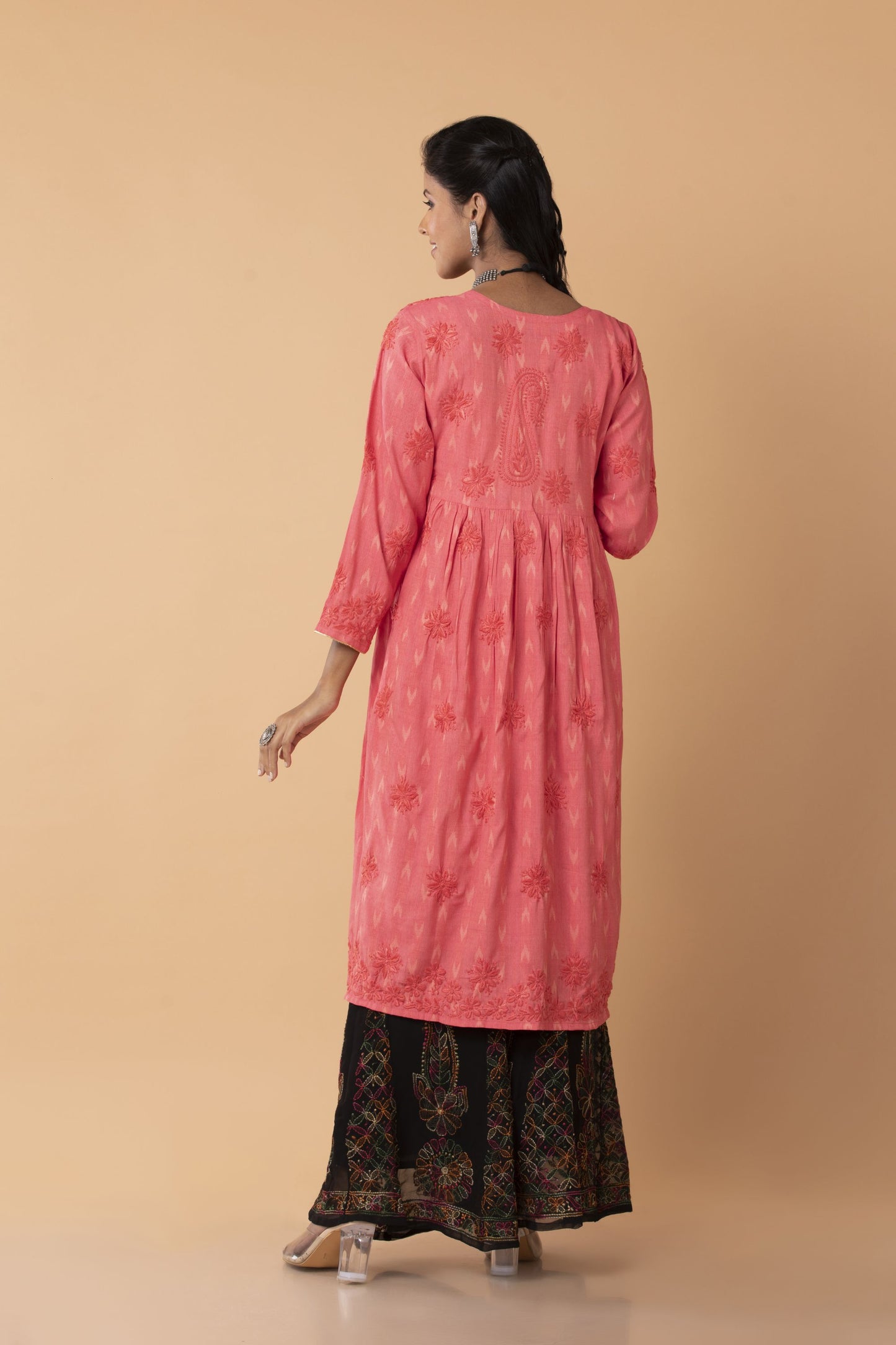 Lucknow Chikan Emporium Hand embroided Skin Freindly cotton fine rayon Chikankari Pink  Angarkha.