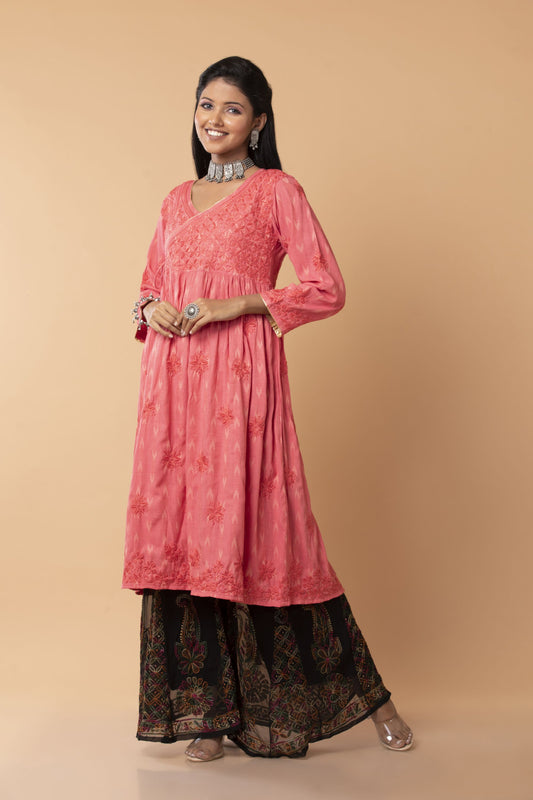 Lucknow Chikan Emporium Hand embroided Skin Freindly cotton fine rayon Chikankari Pink  Angarkha.