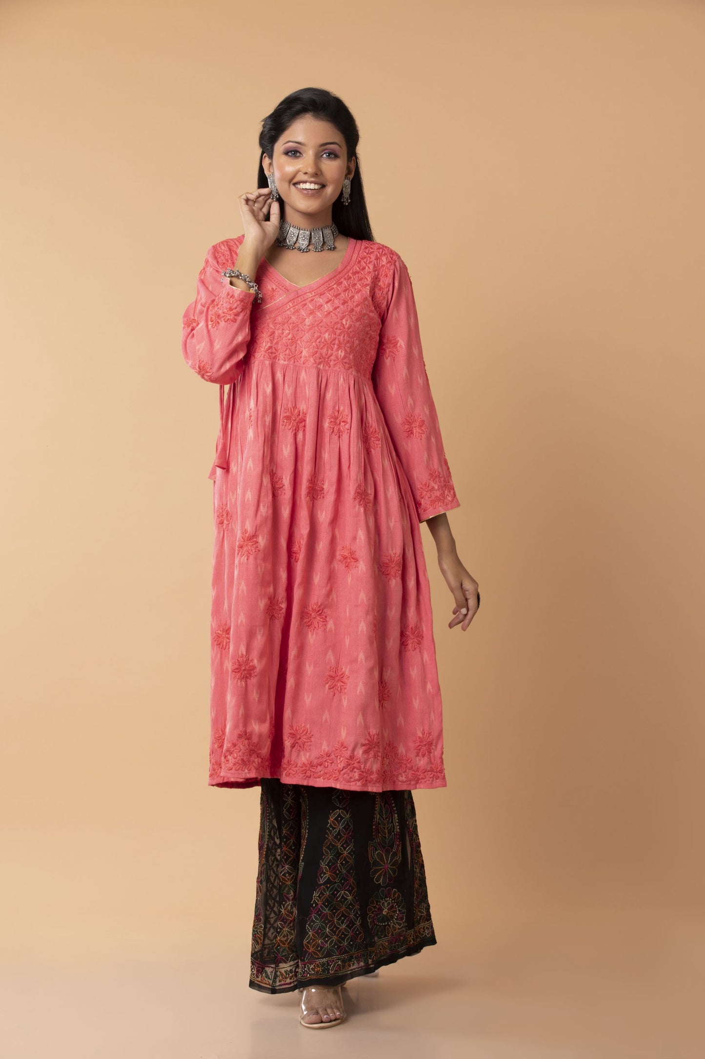 Lucknow Chikan Emporium Hand embroided Skin Freindly cotton fine rayon Chikankari Pink  Angarkha.