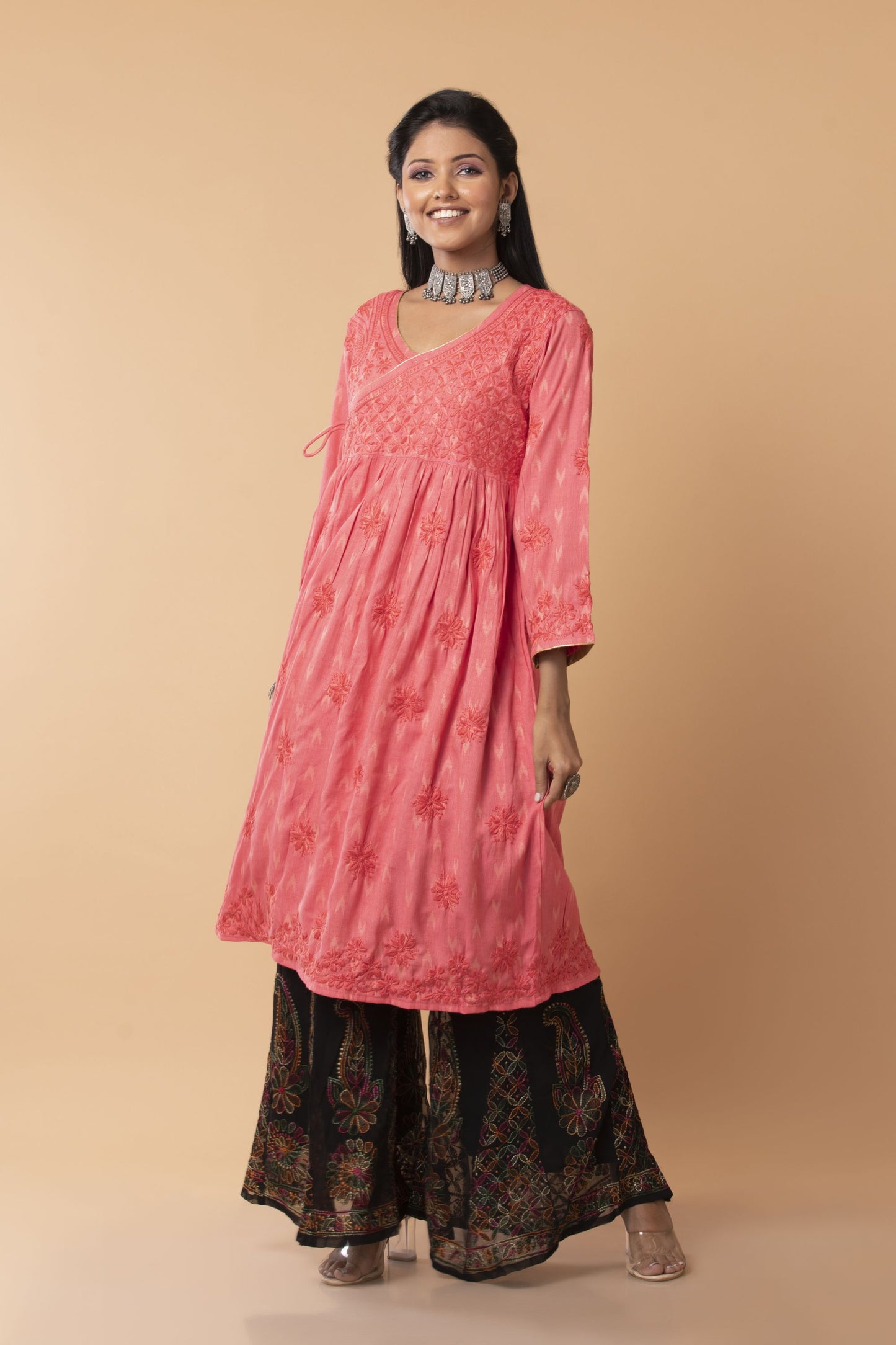 Lucknow Chikan Emporium Hand embroided Skin Freindly cotton fine rayon Chikankari Pink  Angarkha.