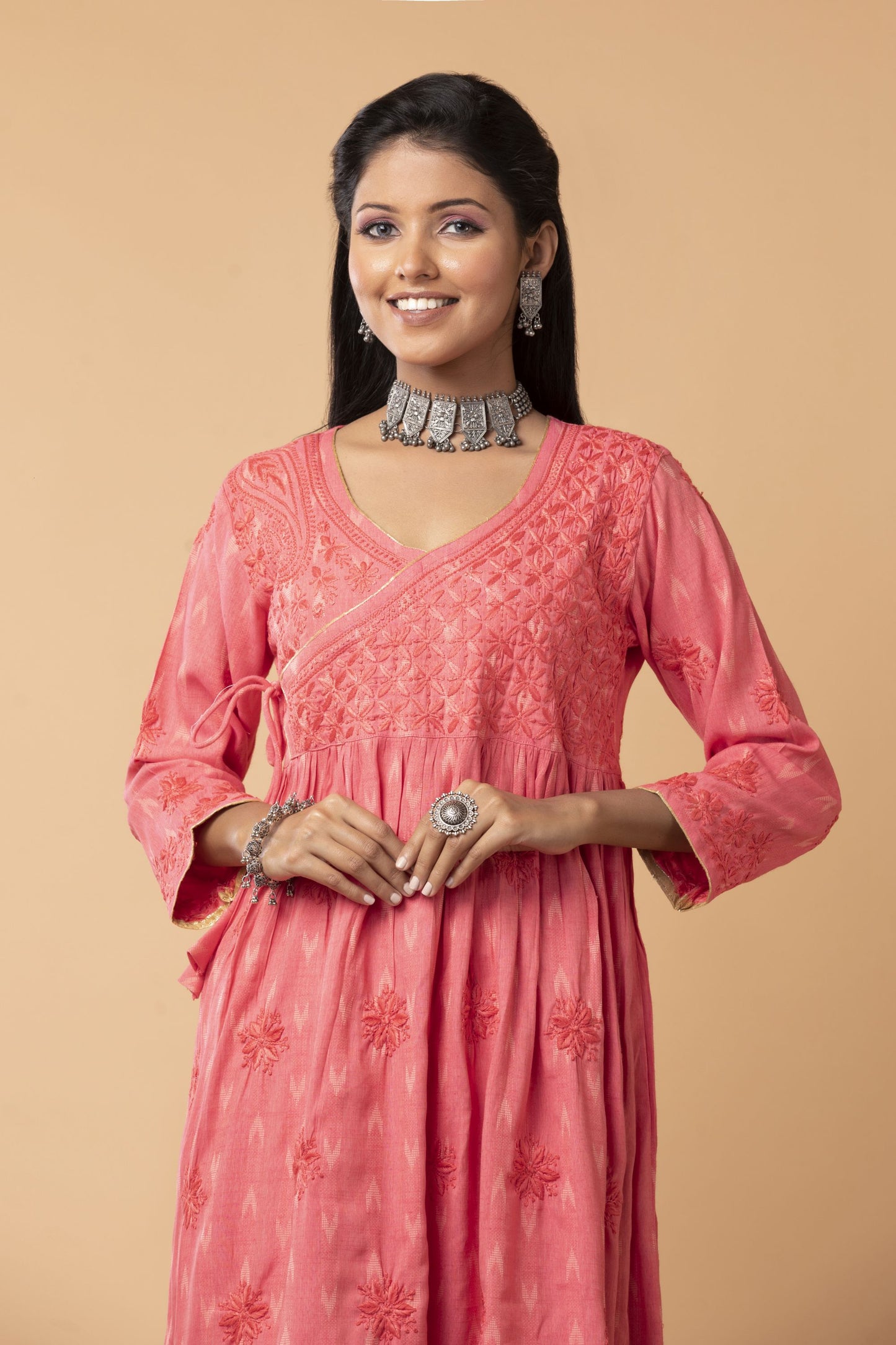 Lucknow Chikan Emporium Hand embroided Skin Freindly cotton fine rayon Chikankari Pink  Angarkha.