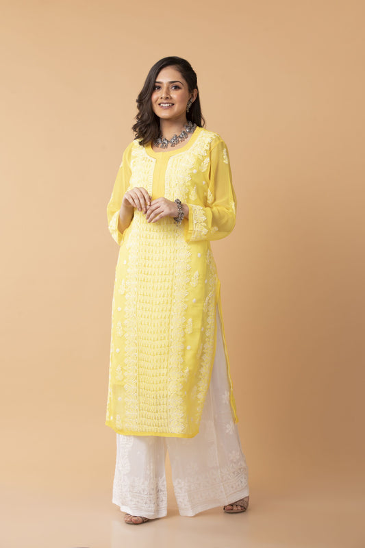 Nice Yellow Colour Hand Chikankari Skin freindly semi georgette Long kurti Lucknow Chikan Emporium.