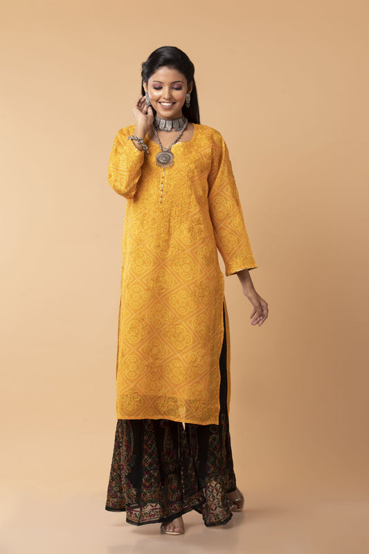 Nice chunri print Yellow Colour Hand Chikankari Cotton Long Top Lucknow Chikan Emporium.