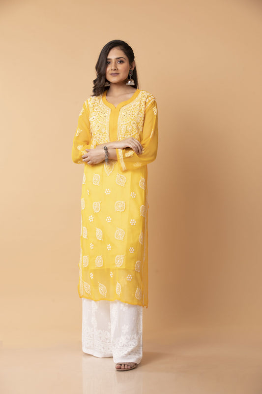 Nice yellow Colour Hand Chikankari Georgette Long Kurti With Muquaish Work