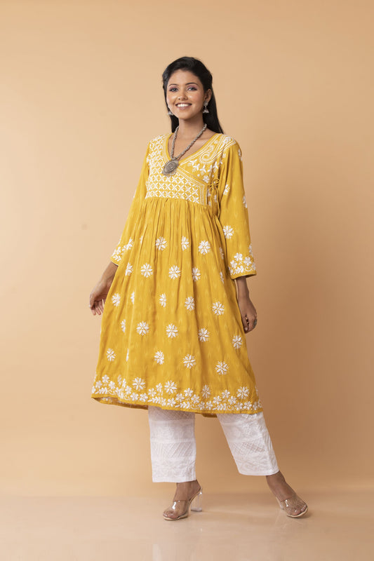 Lucknow Chikan Emporium Hand embroided Skin Freindly cotton fine rayon Chikankari Mustard  Angarkha.