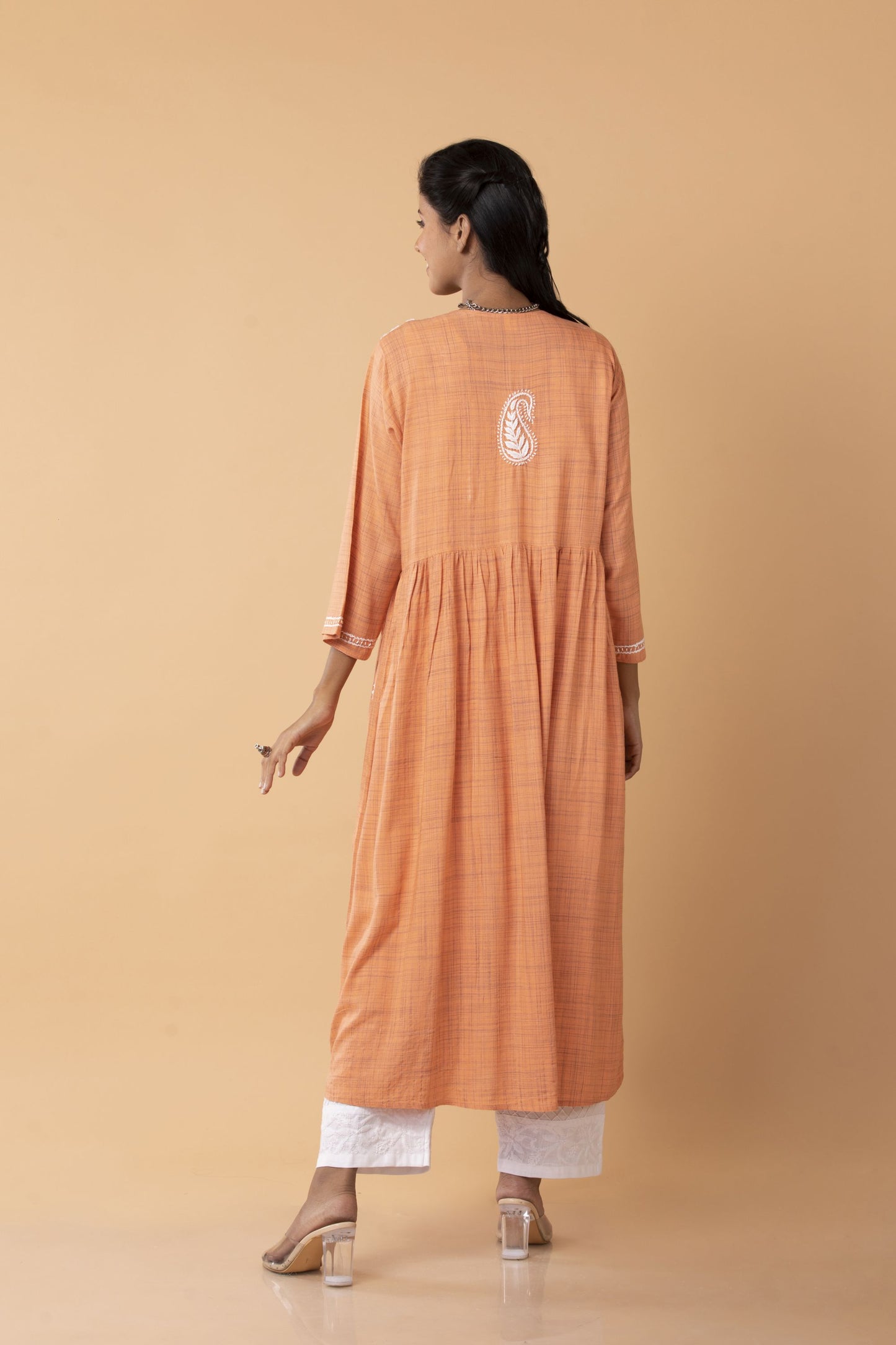 Lucknow Chikan Emporium Hand Cotton Chikankari Kurti Peach Colour