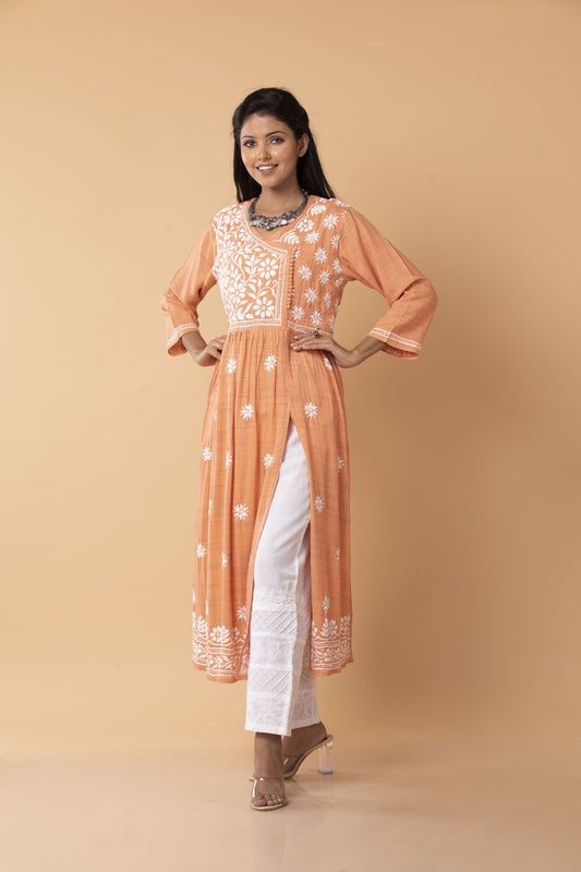 Lucknow Chikan Emporium Hand Cotton Chikankari Kurti Peach Colour