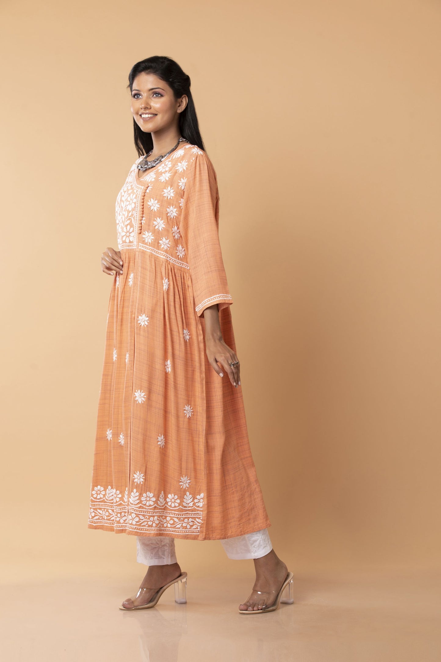 Lucknow Chikan Emporium Hand Cotton Chikankari Kurti Peach Colour