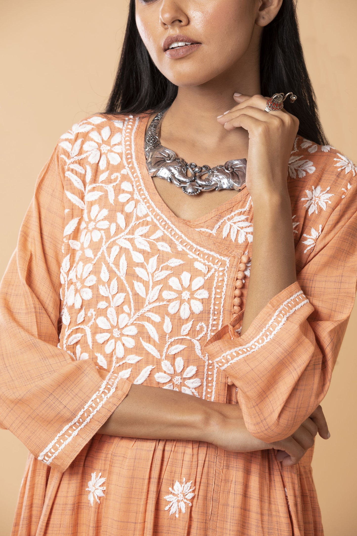 Lucknow Chikan Emporium Hand Cotton Chikankari Kurti Peach Colour