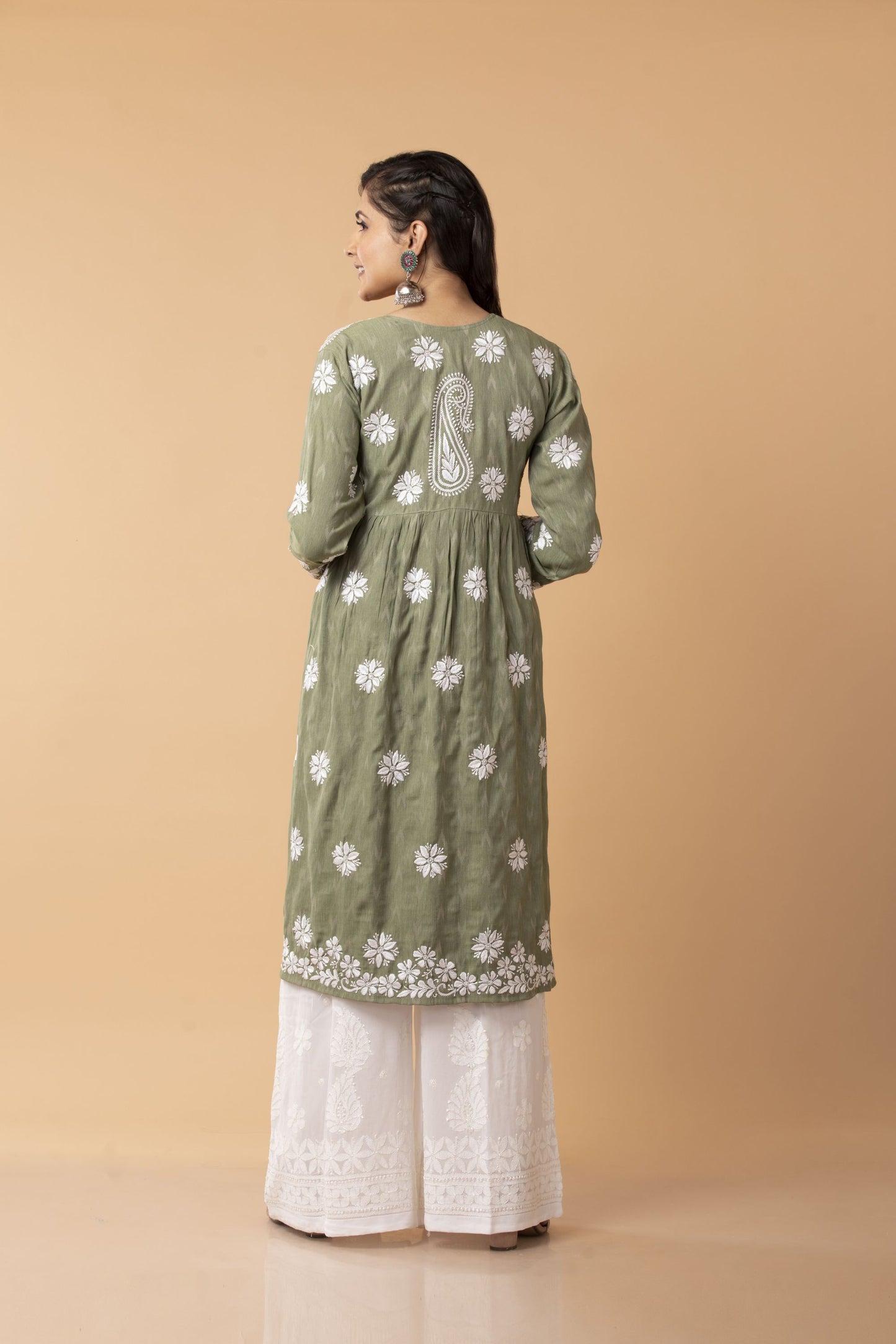 Lucknow Chikan Emporium Hand embroided Skin Freindly cotton fine rayon Chikankari Green Angarkha.