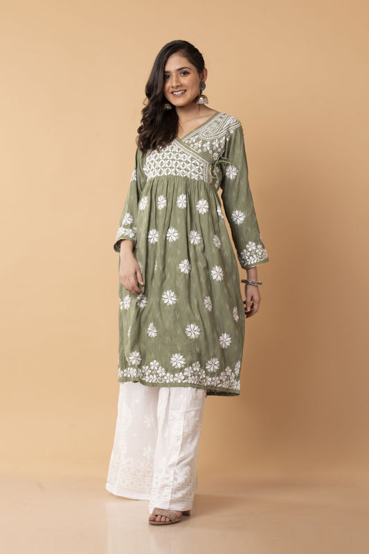 Lucknow Chikan Emporium Hand embroided Skin Freindly cotton fine rayon Chikankari Green Angarkha.