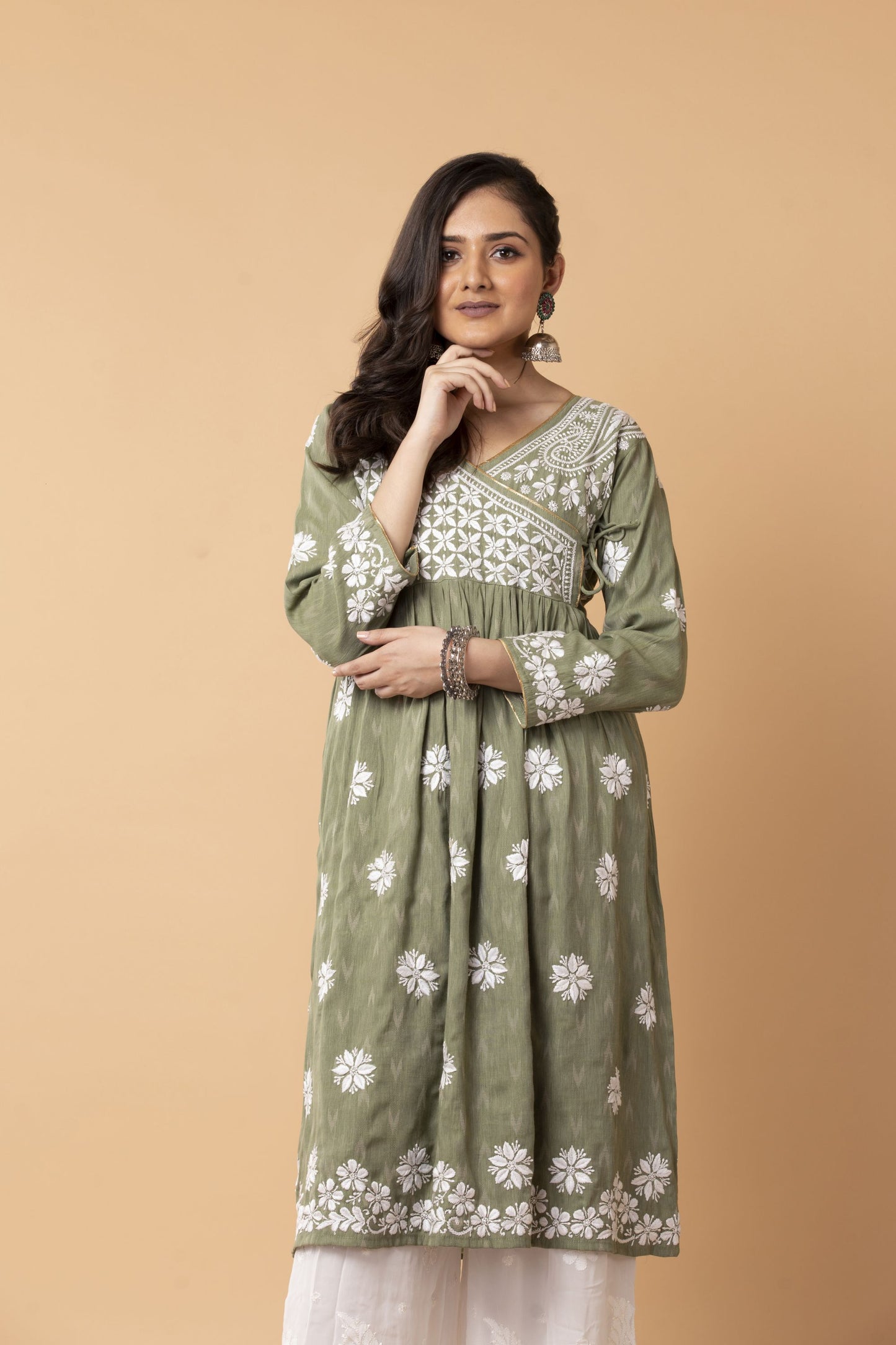 Lucknow Chikan Emporium Hand embroided Skin Freindly cotton fine rayon Chikankari Green Angarkha.