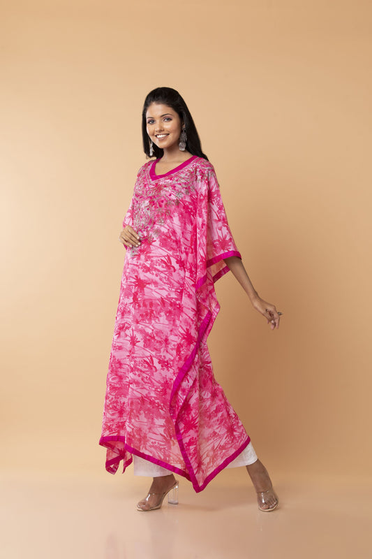 Nice Pink colour Kaftan / Gown Hand embroided  skin freindly printed semi georgette Long Kurti Lucknow Chikan Emporium.