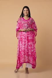 Nice Pink colour Kaftan / Gown Hand embroided  skin freindly printed semi georgette Long Kurti Lucknow Chikan Emporium.